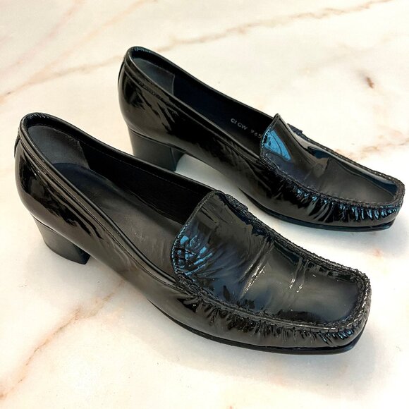 Stuart Weitzman Black Patent Leather Loafers Shoes Size 7.5 Block Heel - Picture 1 of 9